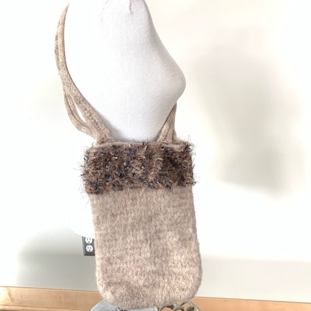 Vintage Crossbody Purse Neutral Color Bag 13” Long Straps Handles Fringe Boho
